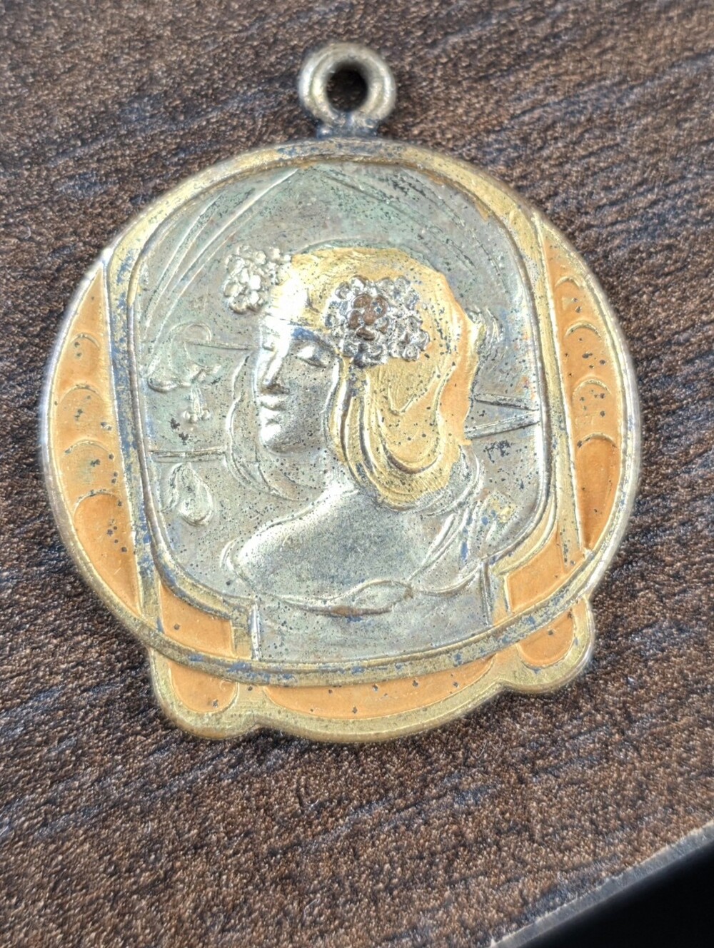 Antique Art Nouveau Orange Enamel Lady Profile Pendant Charm